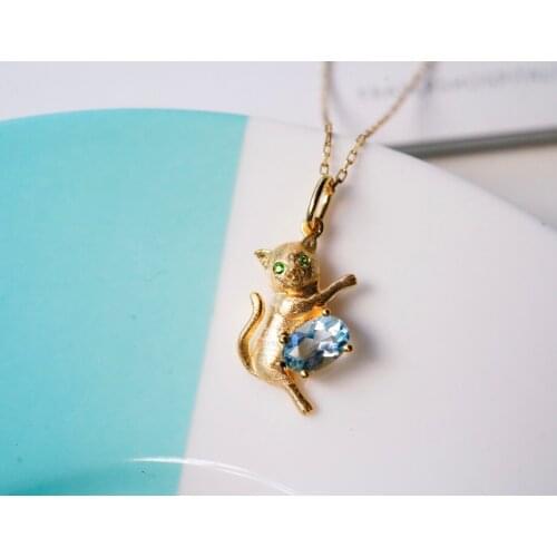 SX Solid 18K White Gold Kitten 0.40ct Nature Blue Aquamarine Gemstones Pendants Necklaces for Women Fine Jewelry for Women Gifts