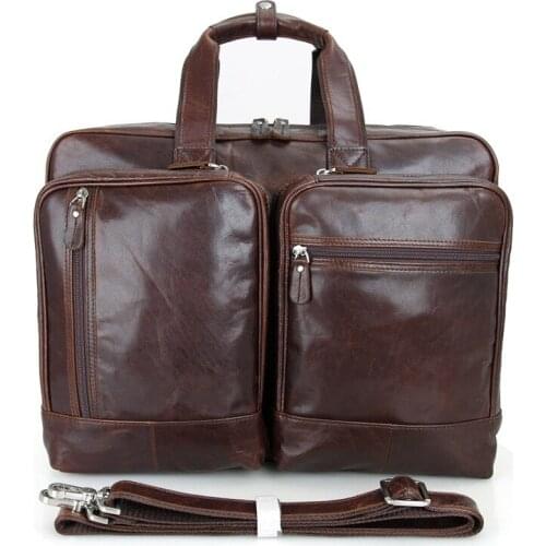 17" Mens Briefcases Genuine Leather 2018 Business Men Brown Vintage Double Layer Crossbody Messenger Bags Leather Laptop Bag