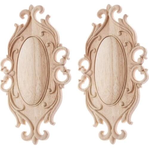 2Pcs Wood Carved Corner Onlay Applique Oval Unpainted Furniture Frame Decorative 20X12cm