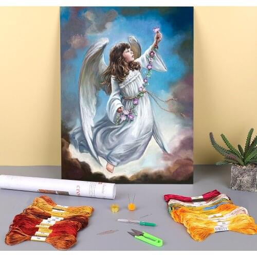Angel Girl Printed Water-Soluble Canvas 11CT Cross Stitch DIY Embroidery Complete Kit DMC Threads Painting Wholesale