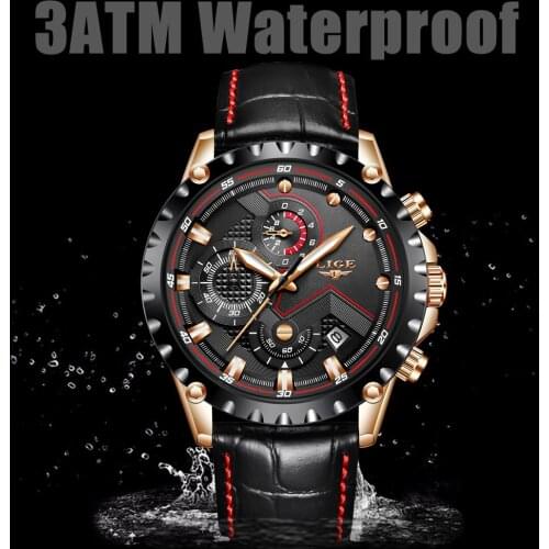 LIGE Brand 9821 Luxury Mens Business Leather Strap Wristwatches Military Sport Waterproof Male Chronograph Quartz Watch Clock