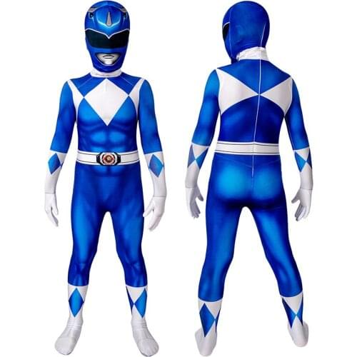 Kids Ranger Superheroes Billy Blue Ranger Jumpsuit Cosplay Costume For Children Halloween Masquerade Printing Bodysuit