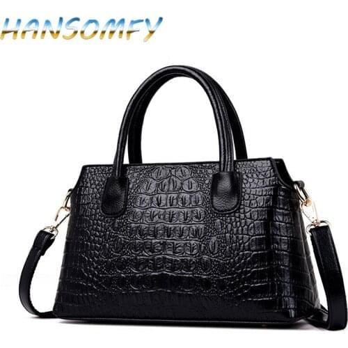 HANSOMFY Women Crocodile Pattern Handbag Leather Large Shoulder Bag Black Female Bag Alligator Handbag Messenger Bags MX-45