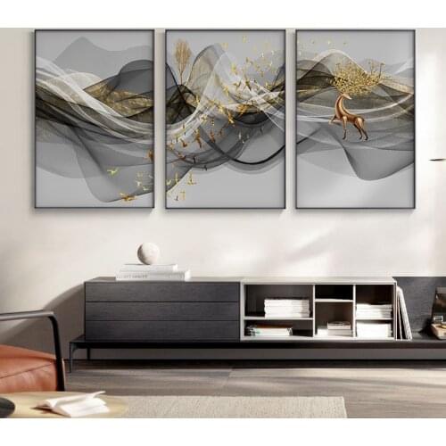 Nordic Golden Deer Wall Art Canvas Painting Abstract Black White Lines Poster N Print Modern Minimalist Picture for Living Room