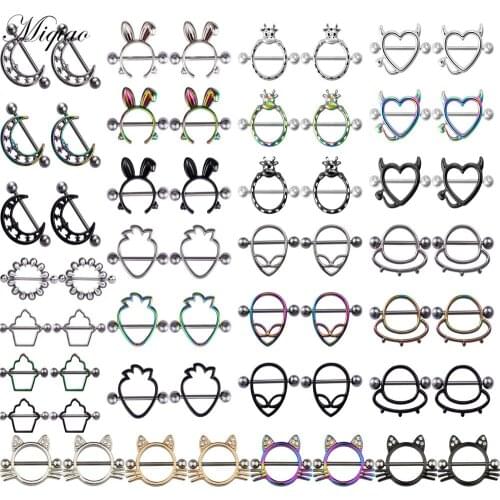 Miqiao 2pcs Fashion Explosion Stainless Steel Alien Cow Rabbit Cat Moon Breast Ring Body Exquisite Piercing Jewelry