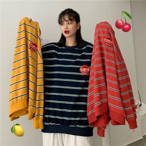 Korea Harajuku Long-Sleeved Top Pullover T-Shirt Striped Thin Sweater Women Kawaii Candy Color Matching Knitted Couple Clothes