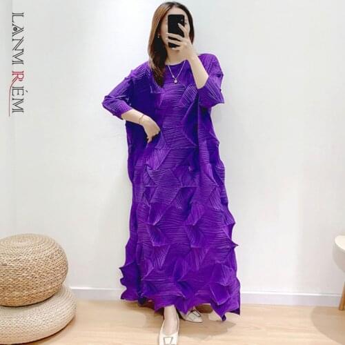 LANMREM 2021 new summer fashion pleated dress round neck three quarter sleeves pleated pullover loose dress WN152