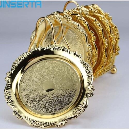 JINSERTA Metal Storage Tray Fruit Salad Dessert Cake Tray Gold Dinner Plate Dish Dinnerware Coffee Tea Cup Anti-Hot Pad 2/4PCS