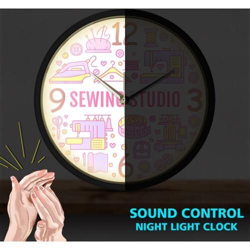 Quilting Sewing Wall Clock with LED illumination Sewing Studio Smart Sound Activated Watch Crafting Supplies Room Decor