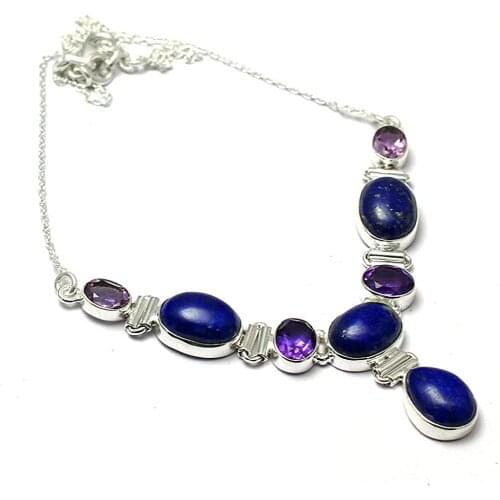 Genuine Lapis Lazuri + Amethyst Necklace 925 Sterling Silver, 46 cm,MHBNE0244