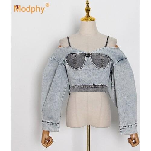 2020 Autumn New Suspenders Fake Two-Piece Denim Short Jacket Sexy Off-Shoulder Long-Sleeved Stitching Celebrity Party Jacket