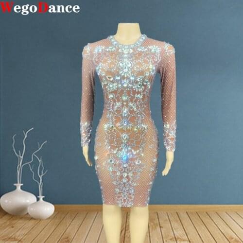 New Sexy Women Clothing Silver Rhinestone Transparent Dress Birthday Bar Prom Mesh Outfit Fashion