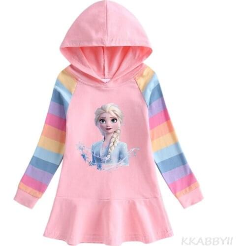 Disney Spring Autumn New Girls Dress Frozen Childrens Long Sleeved Hooded Elsa Princess Dress