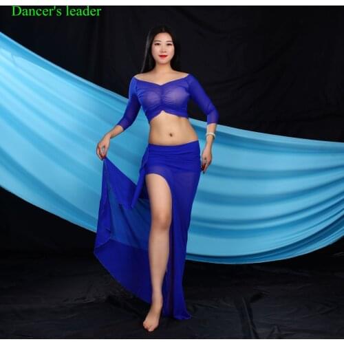 Belly dance practice clothes sexy see-through mesh blouse split long skirt female adult professional costume