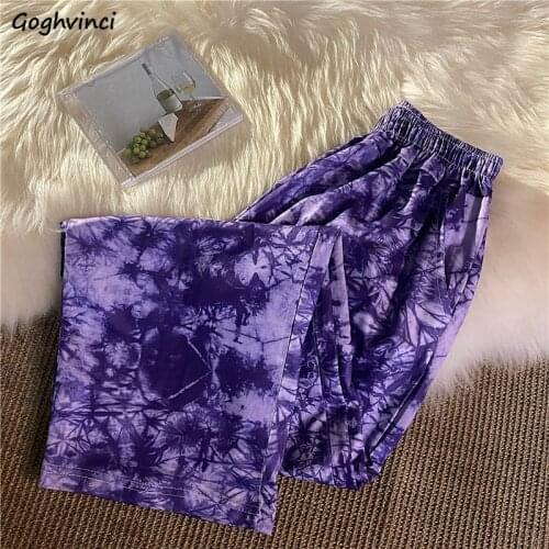 Casual Pants Women Purple High-street Tie-dye Ulzzang Chic Elastic Waist Trousers Students Leisure College Bottom Wide-leg Femme