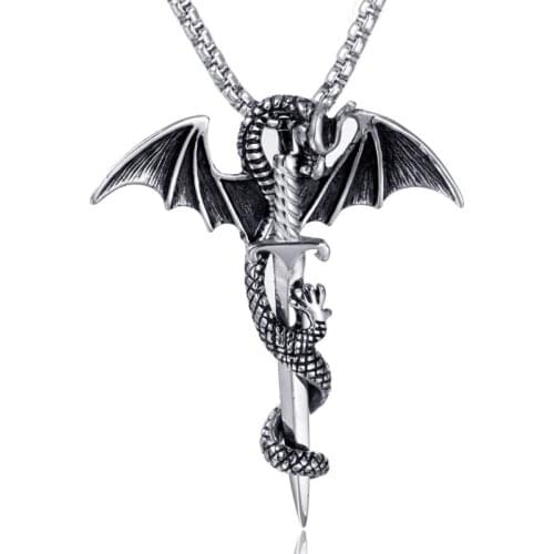Pterodactyl Holy Sword Cross Shape Pendant Necklace for Men Fashion Vintage Pendant Necklace Religious Amulet Metal Accessories