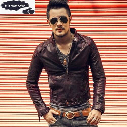 Luxury Mens Slim Fit Goatskin Genuine Jacket Stand Collar Padded Windbreaker Biker Coat Natural Leather Vintage Jackets