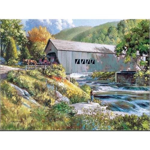 Counted Cross Stitch Kits Needlework Embroidery - Crafts 14 ct Aida DMC Color DIY Arts Handmade Home Decor - Covered Bridge