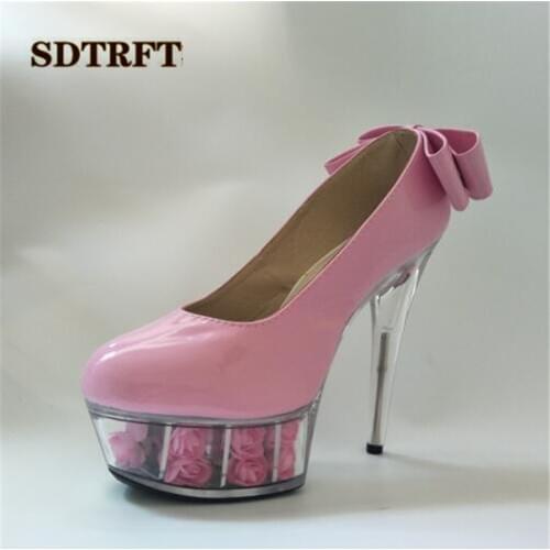 CDTS Plus:35-45 46 ladies spring autumn Flowers platforms wedding round Toe 15cm thin high heels Bowtie shoes women Party pumps