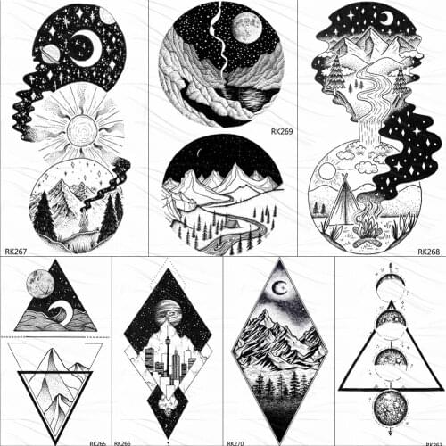 OMMGO Galaxy Geometric Peak Star Temporary Tattoos For Children Sticker Round Fake Tattoo Moon Black Custom Tatoos For Men Art
