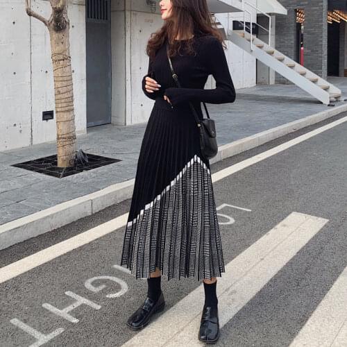 High Quality Houndstooth Knit Women Pleated Skirt Autumn Winter Thick Warm Long Skirts Chic Knitted Sweater Skirt Femme Y996
