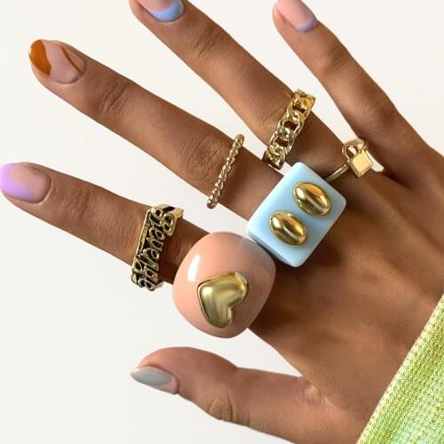 Y2K Jewelry 6pcs Resin Beads Letter Rings for Women Retro Creative Fashion Charms Heart Lock Ring Set 90s Aesthetic Gifts New