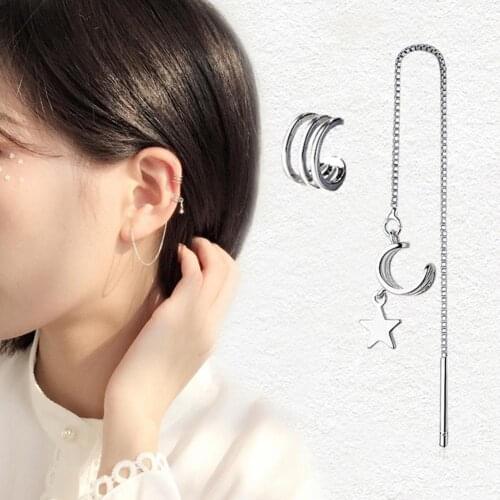 Women Long Chain Star Charm Ear Cuff Clip Threader Earrings Asymmetry Jewelry