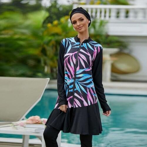 Womens Islamic 3pcs Burkini with Hijab Long Sleeve Zip Up Modest Swimsuit Arab Leaves Print Beachwear Full Cover Muslim