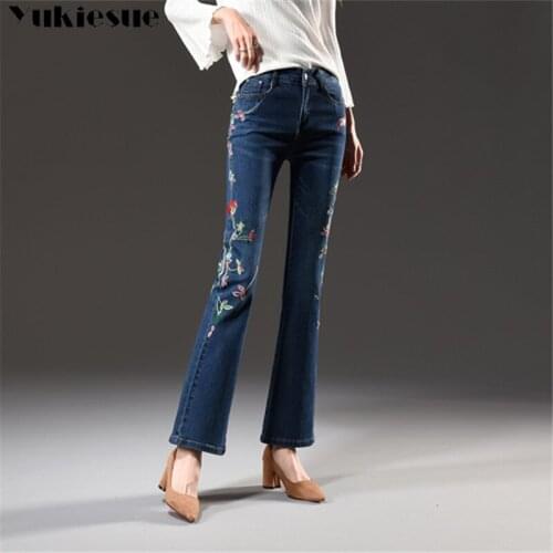 2018 New elastic Whitening embroidery flower national wind micro-horn jeans large size was thin waist trousers jeans for women
