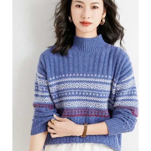 Wool Knit Sweater Print Women Pullover Female Jumper Fall Winter Long Sleeve Half Turtleneck Sexy Sweaters And Pullovers Tops