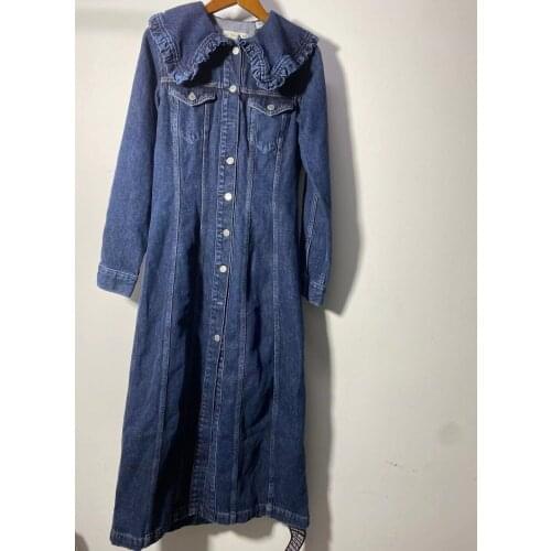 Peter Pan Collar Women Denim Midi Dress 2021 New Single-Breasted Cotton Long Sleeve Ladies Robe with Pockets