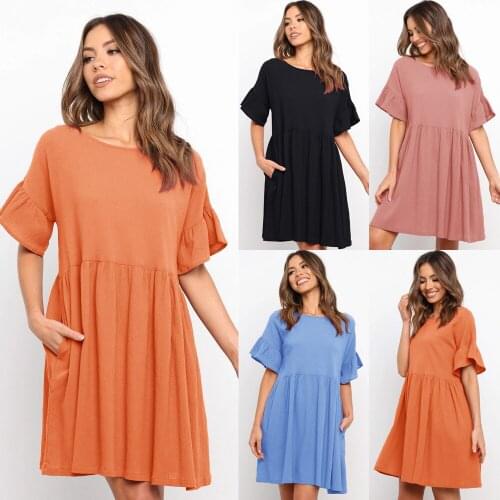 Solid Color Mini Summer Dress Women Ruffles Round Neck Short Sleeve Pockets Casual Loose Basic Dresses Vestido Beach Dress 2021