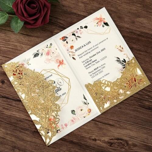 100pcs Gold Color Wedding Invitations Floral Glitter Laser Cut Invitations High Quality Custom Invitation Cards