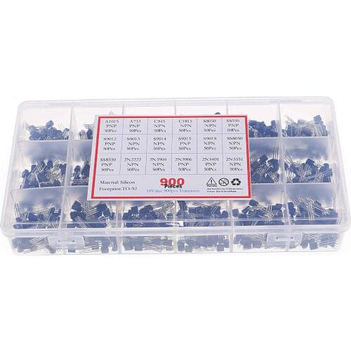 18 Value 900pcs Bipolar Triode NPN/PNP Transistor set TO-92 A1015-2N5551 Box Kit