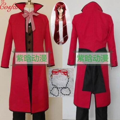 2020 Black Butler Death Shinigami Grell Sutcliff Cosplay Red Uniform Outfit Glasses Carnaval Halloween Costumes men and wig