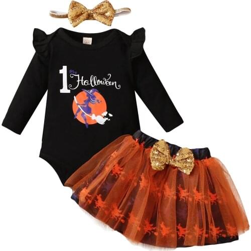 3PCS Baby My First Halloween Outfits, Long Sleeve Letter Print Romper + Tulle Skirt + Headband Set