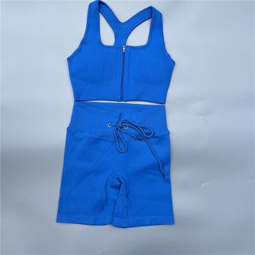 Seamless Sport Set Women Zippers Two Pieces Crop Bra High Waisted Tracksuit Shorts Yoga Sportsuit Workout Outfit Fitness Gym Set