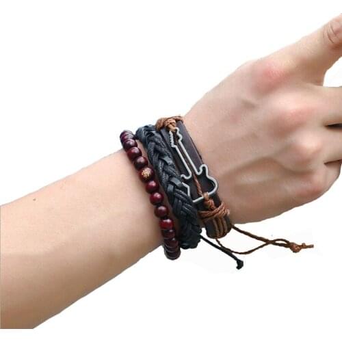 Fashion Jewelry Alloy Guitar Bracelet Hemp Rope Woven PU Rivet Bead Leather Bracelet Men Casual Vintage Punk Bracelets