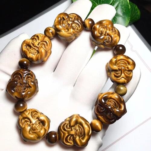 Fine Tiger Eye Yellow Natural Stone Bracelets Carved Laughing Buddha head Beads Bracelet Lucky for Women Men Fashion Jewelry
