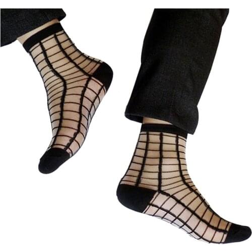 Black Male Nylon Transparent Silk Sock Ultra Thin Sexy See Through Plaid Paragraph Mens Business Socks