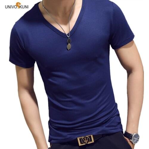 UNIVOS KUNI 2019 Mens T-Shirt Slim Fit Soild Color Casual Summer Hawaii Slim Fit Short Sleeve Male Boys Big Size 3XL Q6063