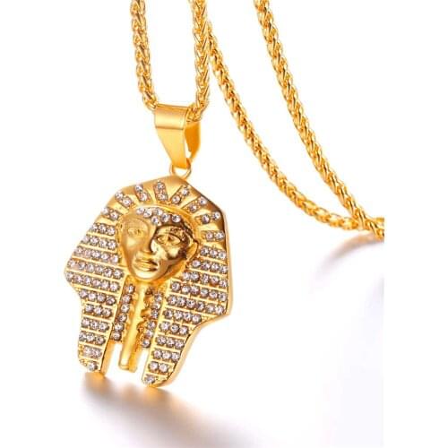 Pharaoh Head Necklace Men Full Crystal Rhinestone Egyptian Jewelry with Hip Hop Chain P07G