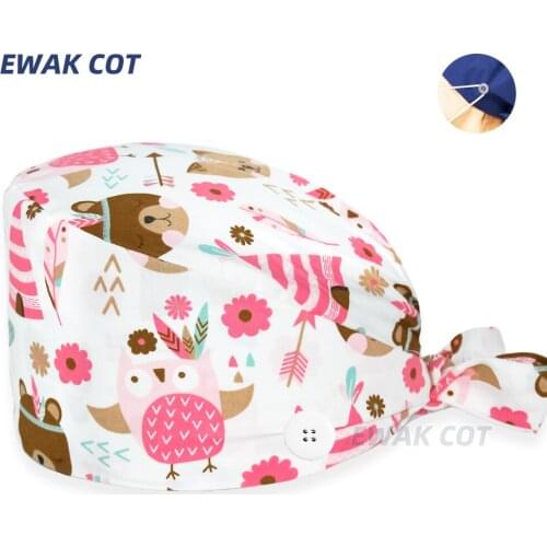 Customizable cotton Unisex Cartoon Cat print adjustable Scrub hat beauty salon work cap laboratory pet shop fashion scrub cap