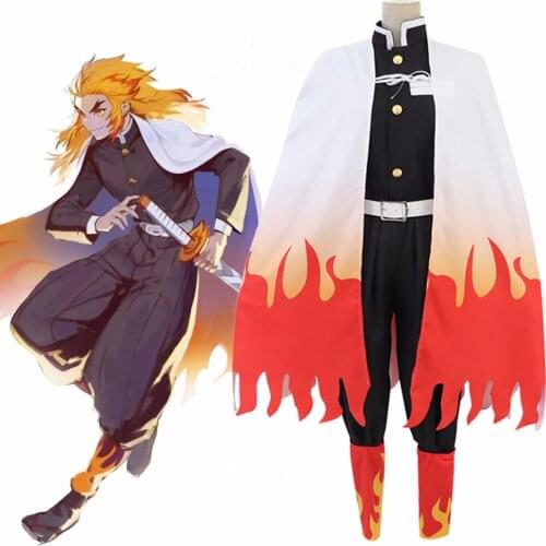 Demon Slayer Kimetsu no Yaiba Rengoku Kyoujurou Cosplay Costume Full Set Battle Kimono Uniform Halloween Party Costume Wig