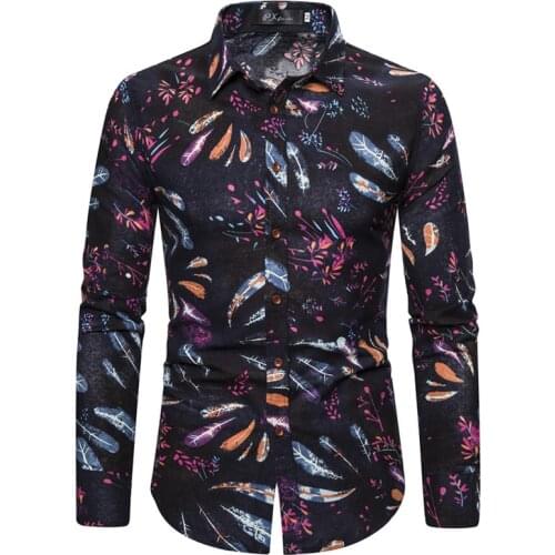Men Shirts Long Sleeve Spring Summer Fashion Feather Print Shirt Business Work Daily Life Party Prom Stage Costume Singer Host