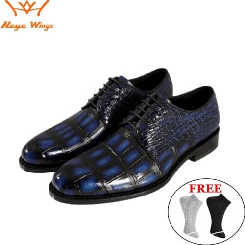 Sapphire Blue Men Dress Shoes Authentic Alligator Skin Hand Painted Craft Luxury Gentleman Leather Shoes