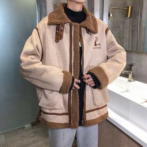 Lambswool Mens Coat Turn-down Collar Thick Warm Parkas Loose Casual Black Blue Khaki N26