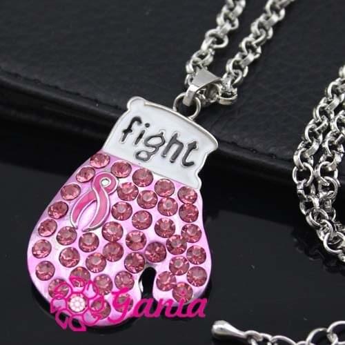 10PCS NEW Arrival Breast Cancer Awareness Pink Ribbon Jewelry Necklace, Pink Ribbon Fighting Box Gloves Pendant Necklace