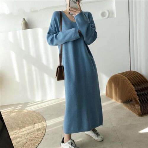 Autumn Winter Knitted Womens Straight Dresses 2021 New High Waist Long Sleeve V-Neck Loose Sweater Long Dress Female