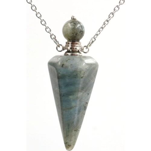 Silver Plated Hexagon Pyramid Labradorite Stone Perfume Bottle Pendant Link Chain Necklace Rock Crystal Jewelry